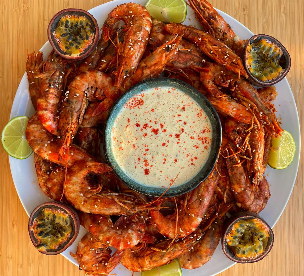 Passionfruit and lemon drop chilli prawns, luxury private chef Algarve Passionfruit and lemon drop chilli prawns, luxury private chef Algarve