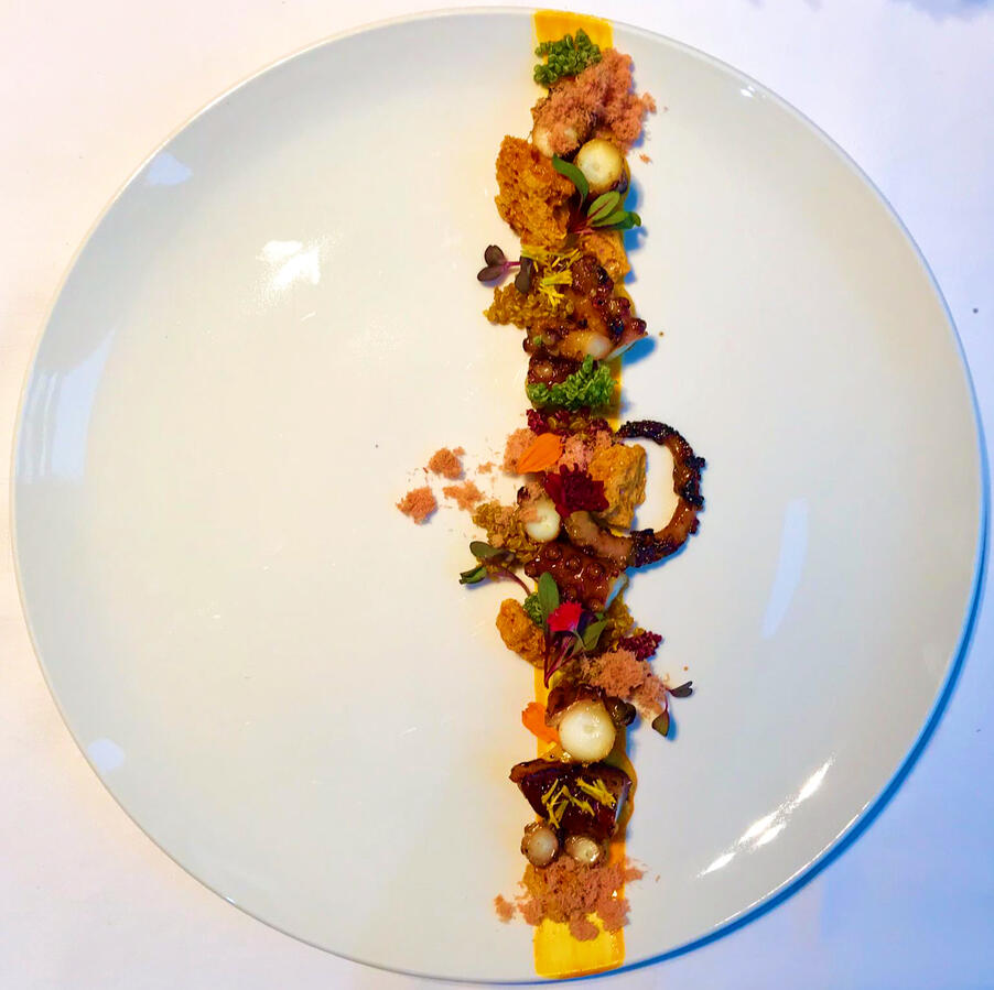 Miso octopus with shattered honeycomb, personal chef Golden Triangle Miso octopus with shattered honeycomb, private chef Algarve